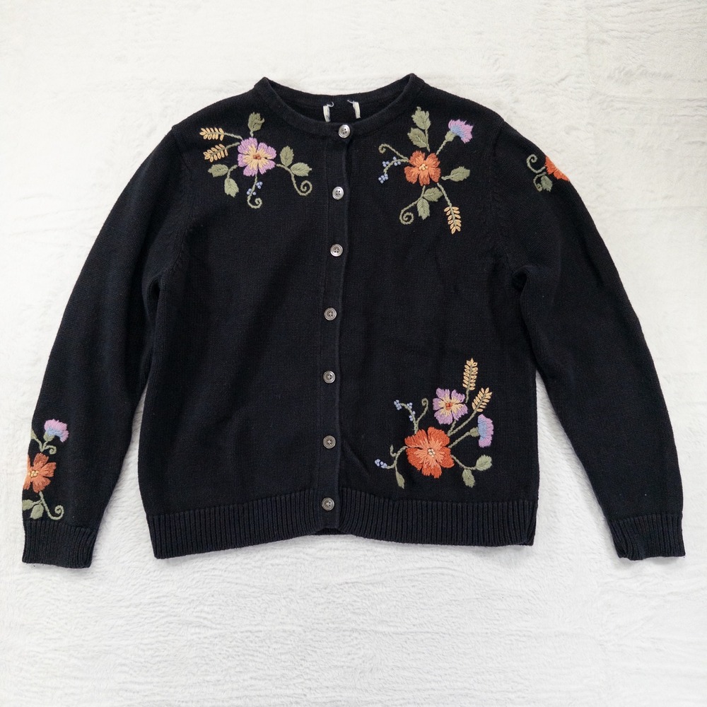 Womens Embroidered Floral Cardigan Sweater L Black Cottagecore Whimsigoth Folk